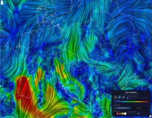 Wind streamlines — continuous lines that follow the wind flow